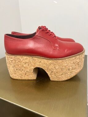Red Platform Lace-Up Oxfords with Sculpted Cork Sole